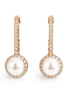 Freshwater 6 mm Pearl & W/Sapphire Dangle Earrings 14k Rose Gold Plated (.925)
